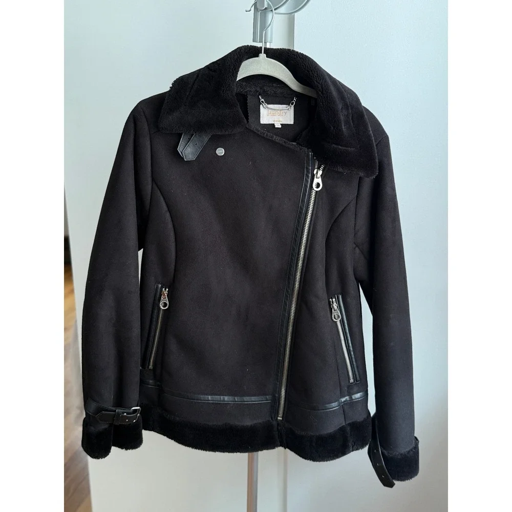 Black Faux Suede Fur‎ Lined Moto Biker Jacket / Small